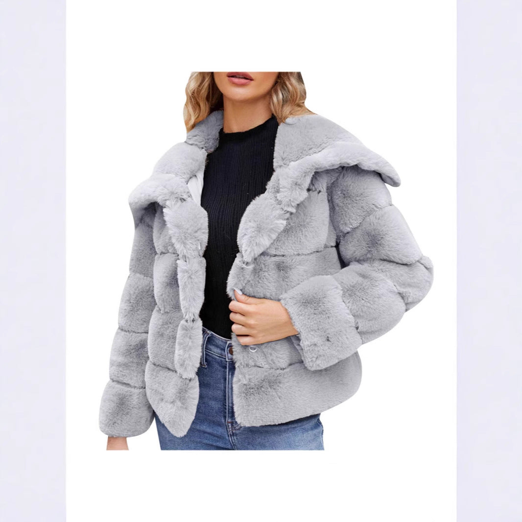 Ladies Hooded Faux Fur Fashion Jacket with Textured Design Lune London