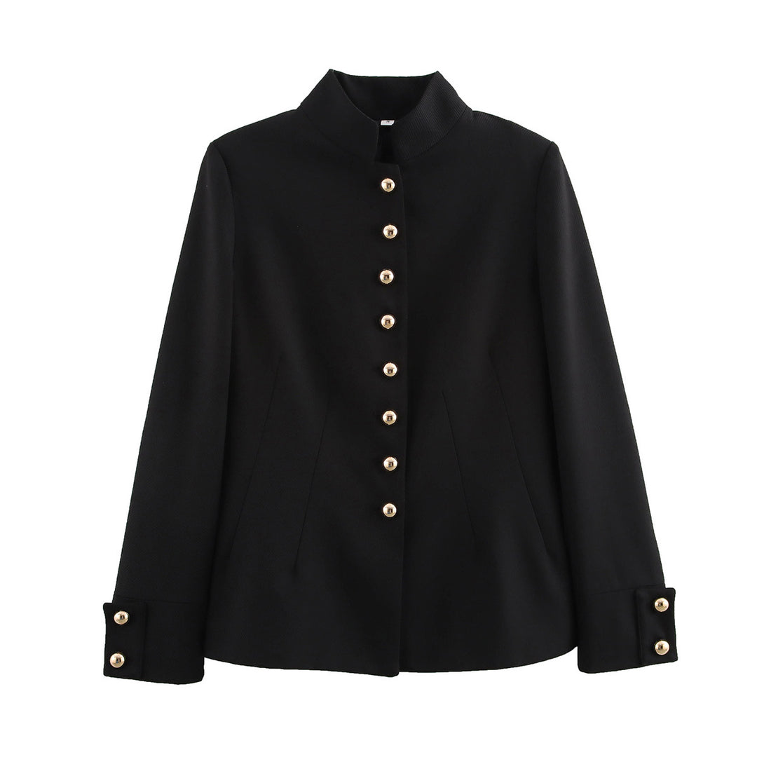 Elegant women's quilted jacket with high collar and gold buttons Lune London