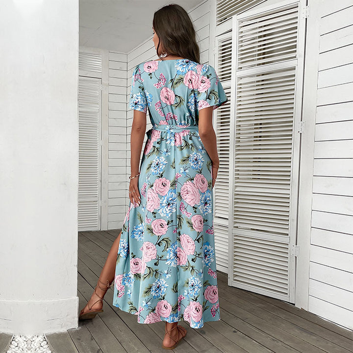 Floral wrap maxi dress for women with high slit Lune London