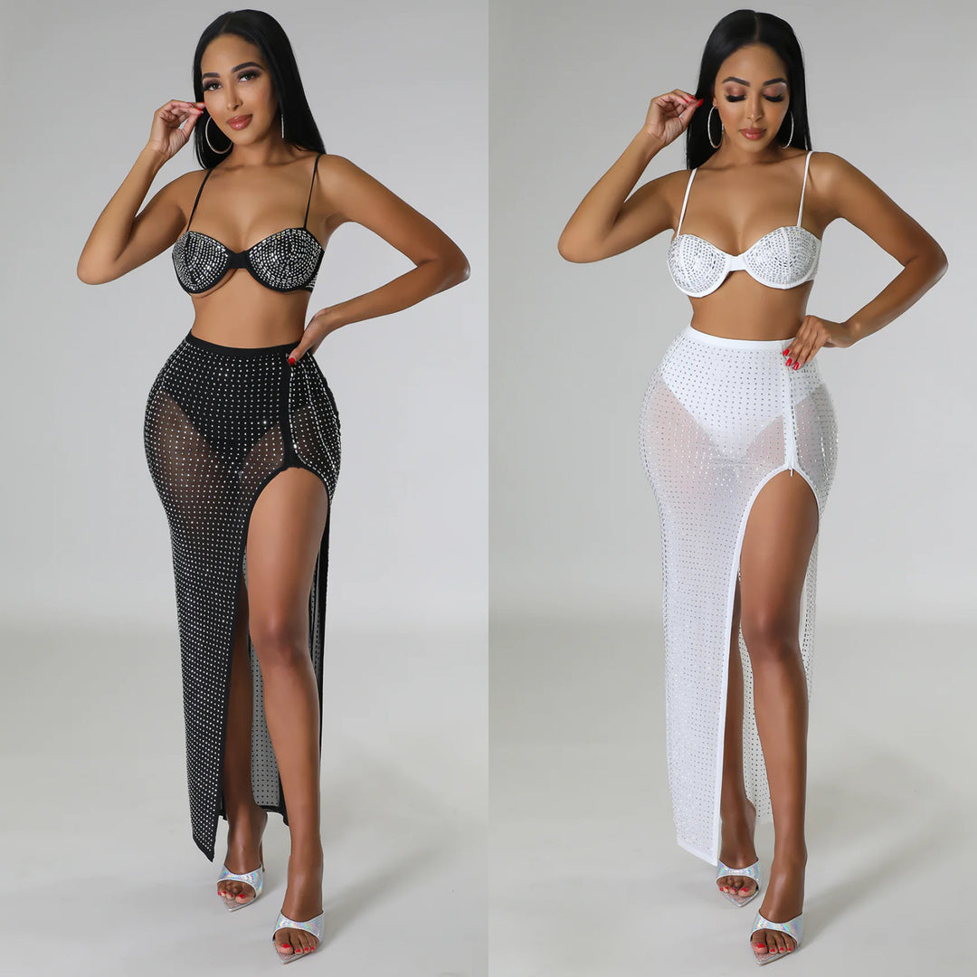 Maxi skirt for ladies with high slit and rhinestone embellishments Lune London