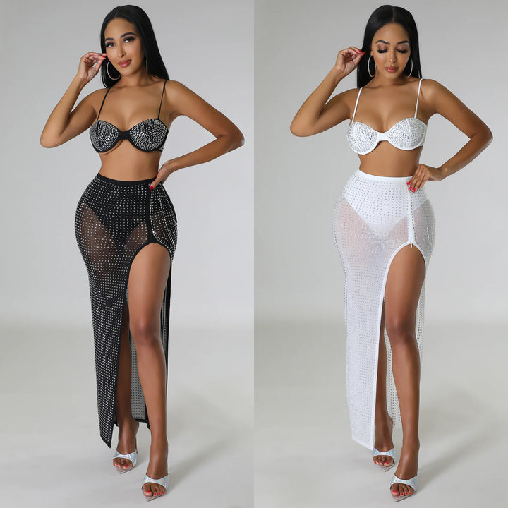 Maxi skirt for ladies with high slit and rhinestone embellishments Lune London