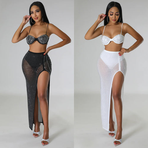 Maxi skirt for ladies with high slit and rhinestone embellishments Lune London