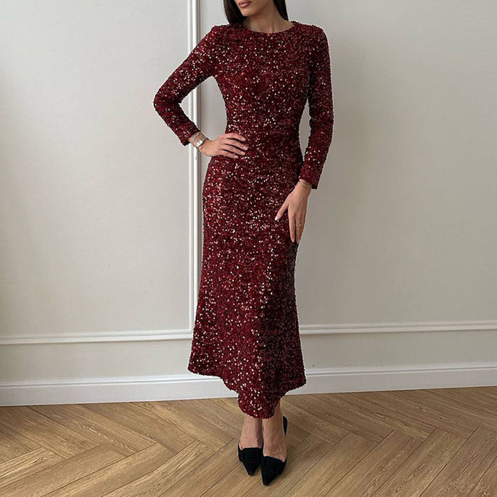 Sparkling evening dress for ladies with long sleeves and flowing hem Lune London