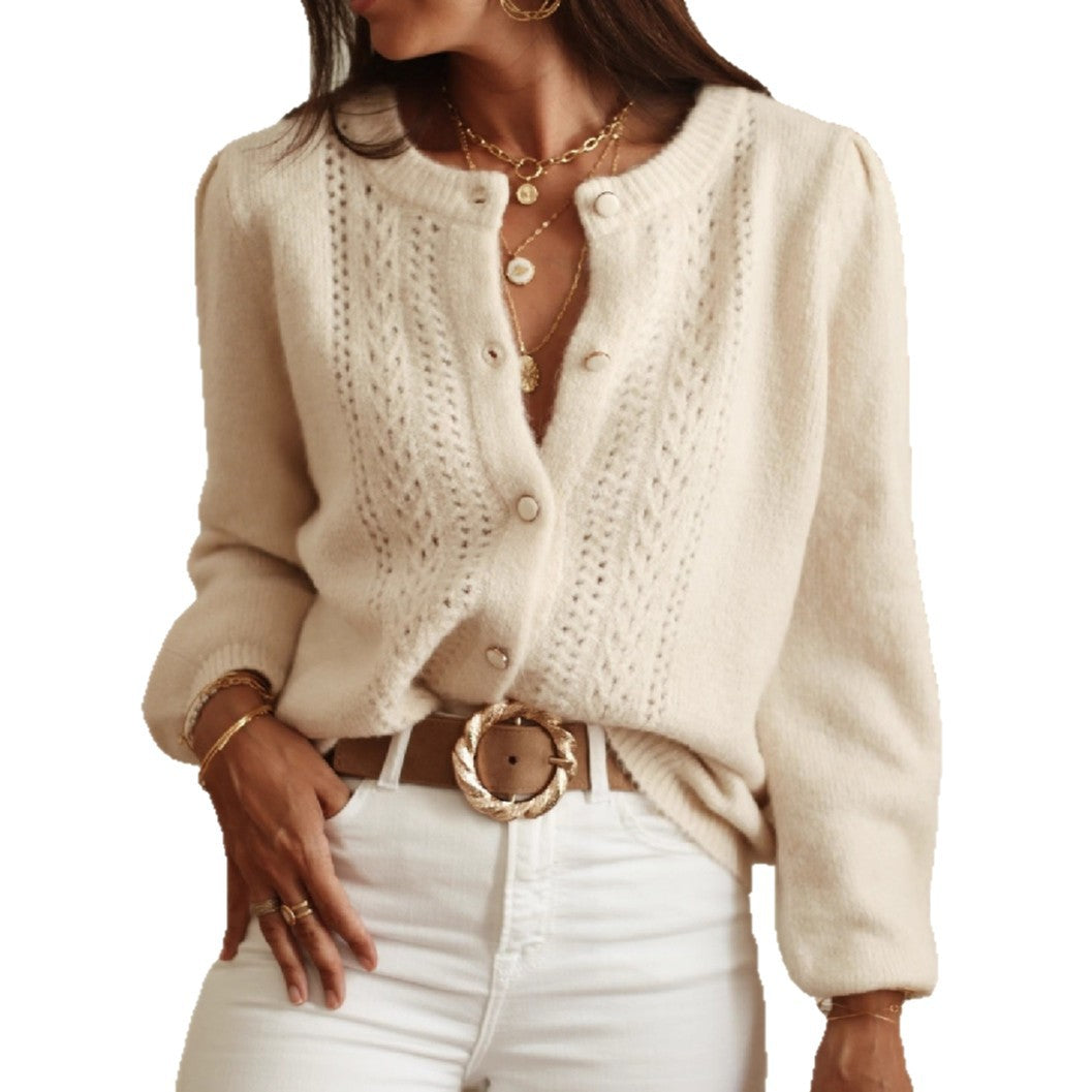Elegant knitted jacket for women with fine diamond patterns and mother-of-pearl buttons Lune London