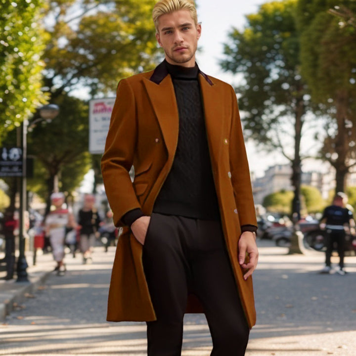 Modern urban coat for men with double-breasted buttons and velvet collar Lune London
