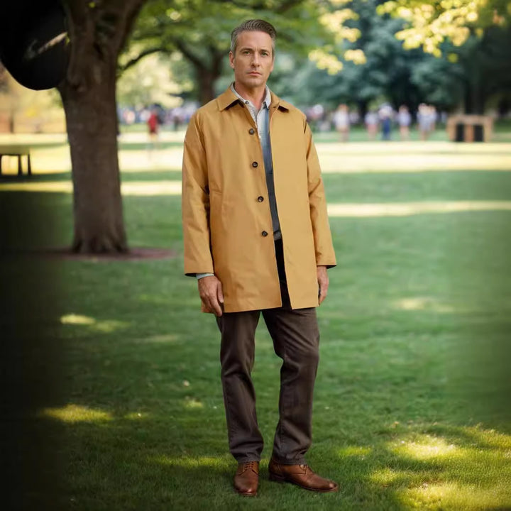 Lightweight transitional jacket for men with a minimalist design featuring practical buttons and large pockets Lune London