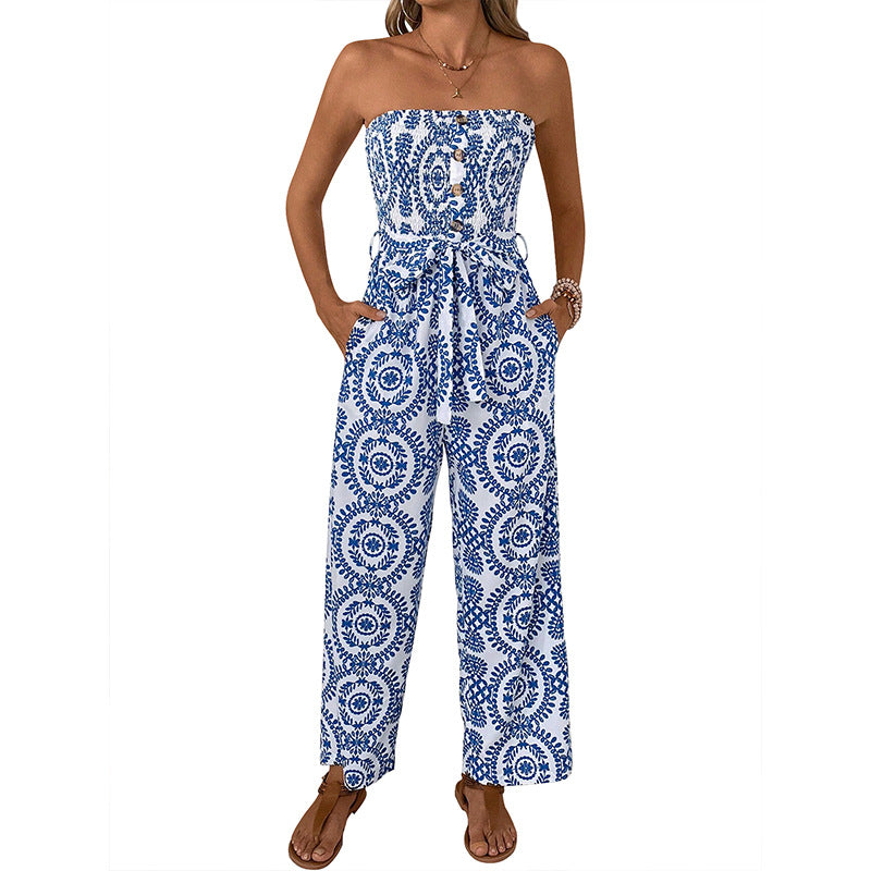 Sleeveless jumpsuit for women with wide legs and floral print Lune London