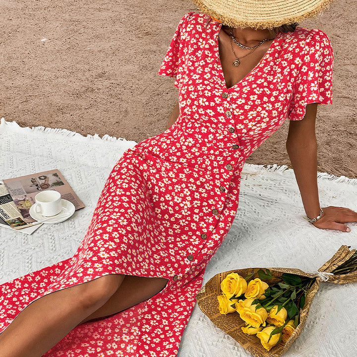 Floral button maxi dress for women with chic split top style