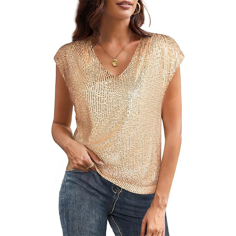 Women Sparkling V-Neck Top with Sequins Lune London