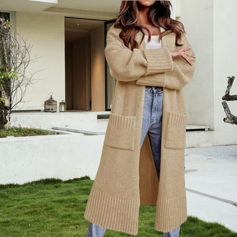 Ladies Long Knit Cardigan with ribbed sleeves and practical pockets Lune London