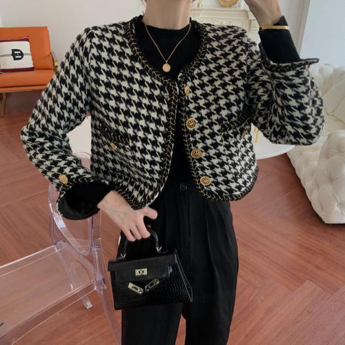 Designer jacket for women in houndstooth design with golden buttons Lune London