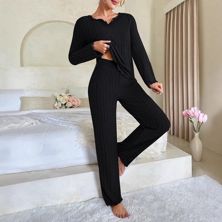 Ladies Comfortable Two-Piece Pajama with Contrast Ruffles Lune London