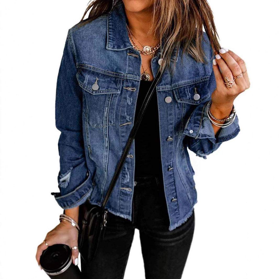 Veste en jean pour femmes au style décontracté avec des détails déchirés et une coupe classique Chic & Stil