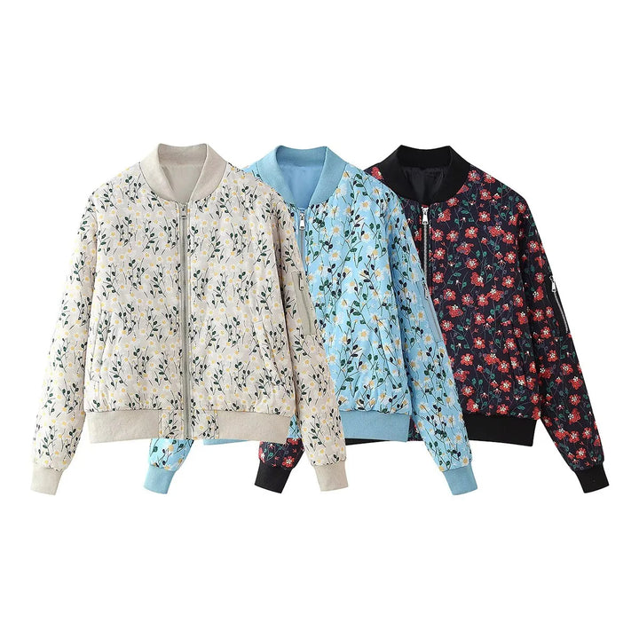 Ladies stylish bomber jacket with floral patterns and elastic cuffs Lune London