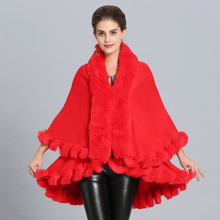 Ladies hooded poncho with luxurious fur collar and elegant trim Lune London