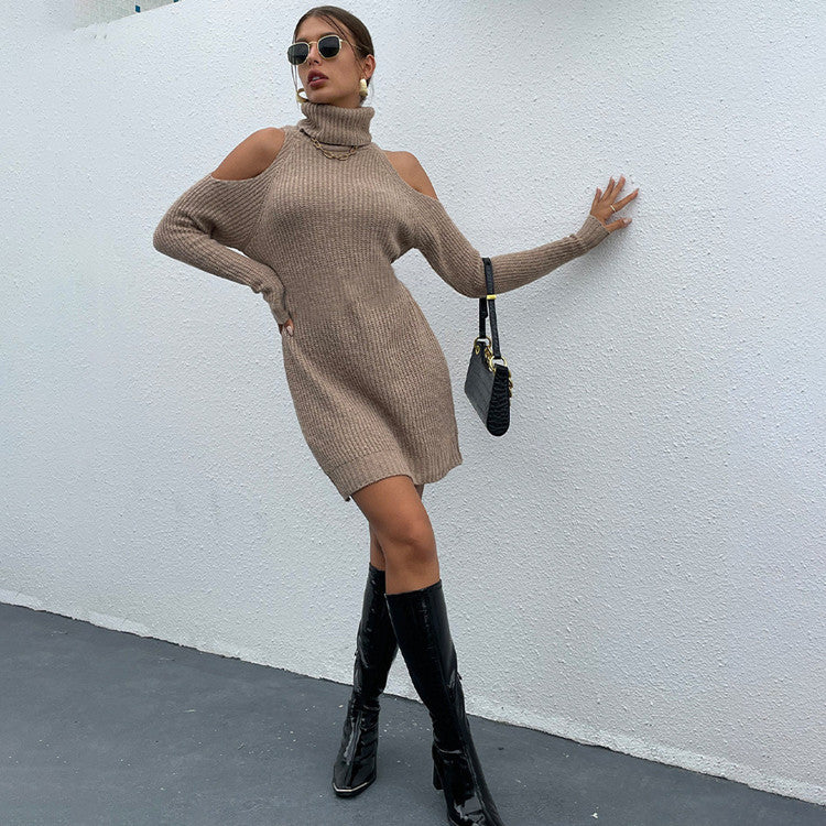 Ladies' knitted dress with an open shoulder design and a high collar Lune London