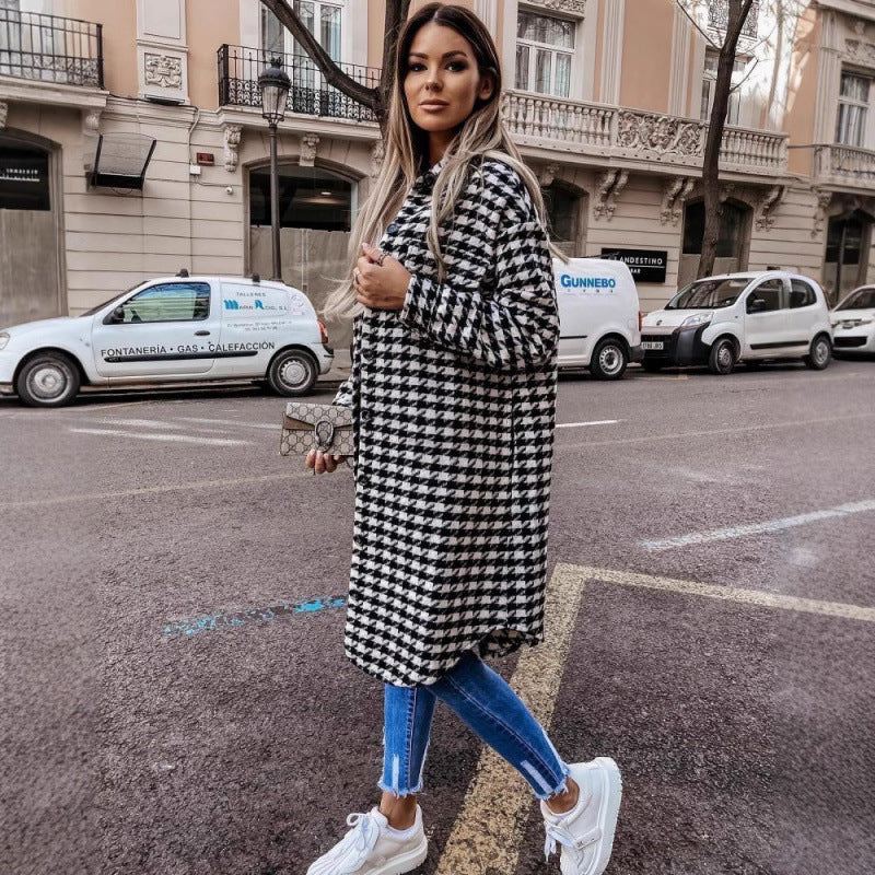 Women Oversized Houndstooth Print Shirt Jacket Lune London