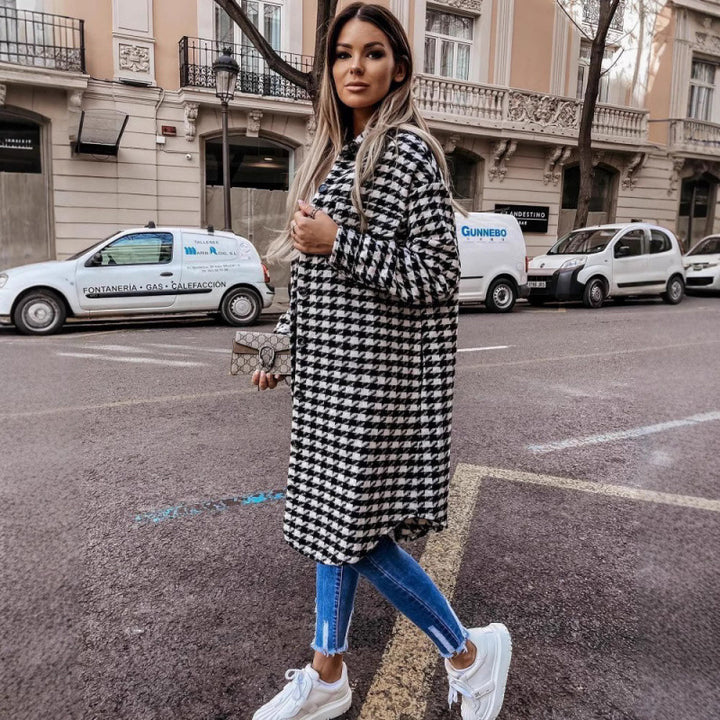 Women Oversized Houndstooth Print Shirt Jacket Lune London