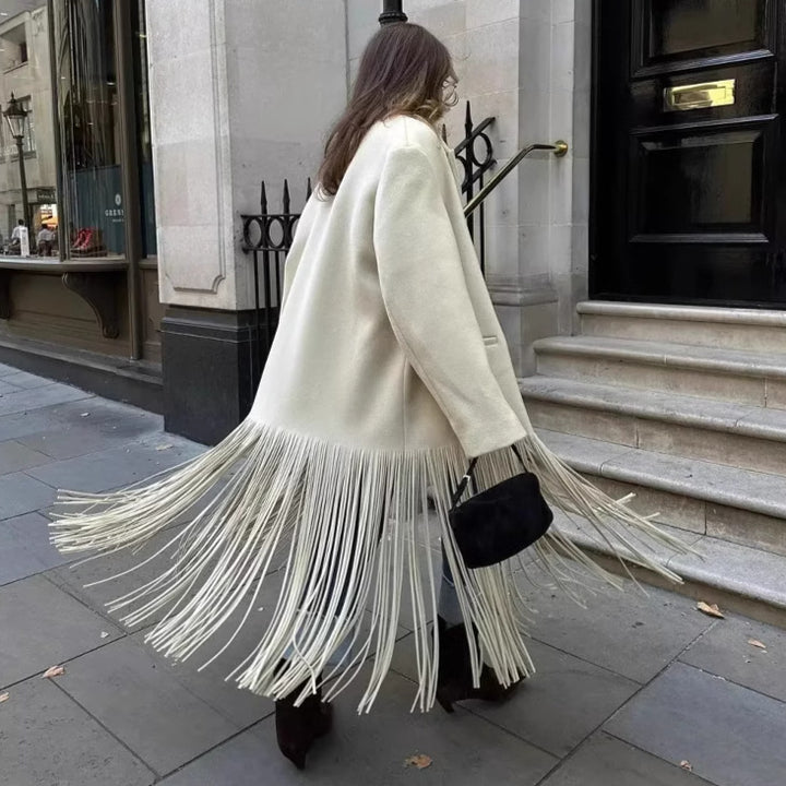 Elegant long coat for women with frayed details Lune London