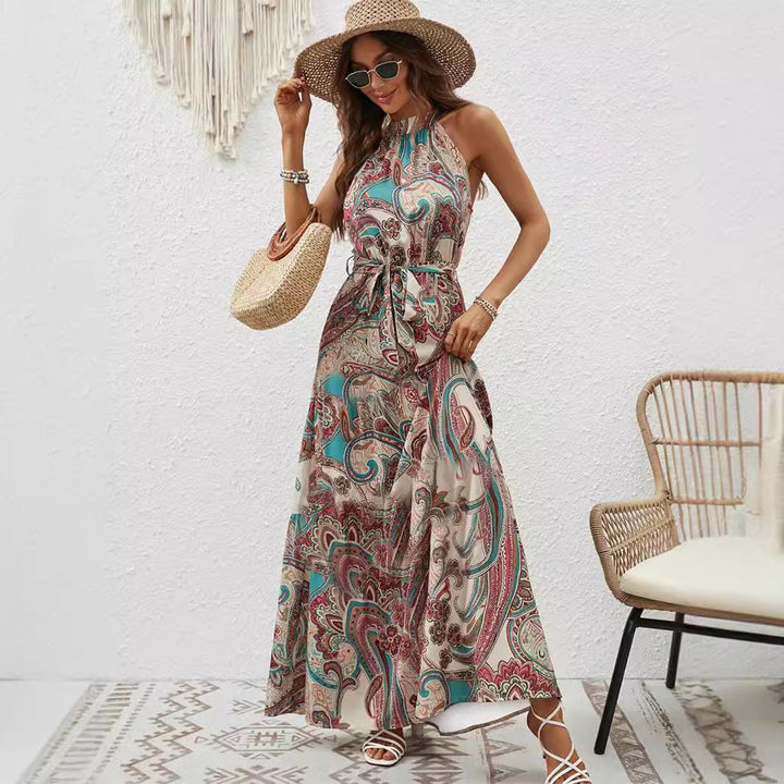 Women's Maxi Dress in Boho Style with High Collar and Tied Belt Lune London