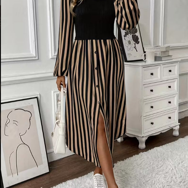Robe rayée pour femmes avec haut ajusté et patte de boutonnage Chic & Stil