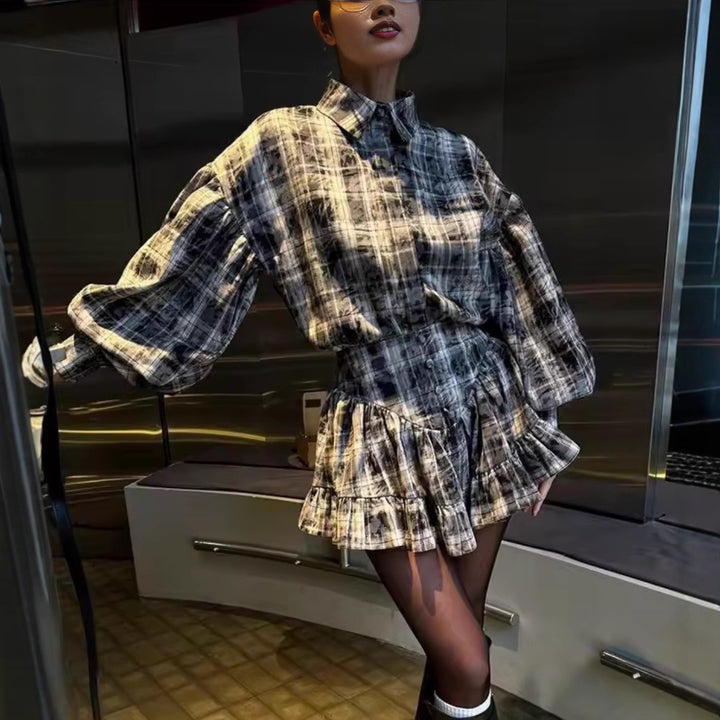 Ladies checkered pattern outfit with striped blouse and ruffled ensemble Lune London