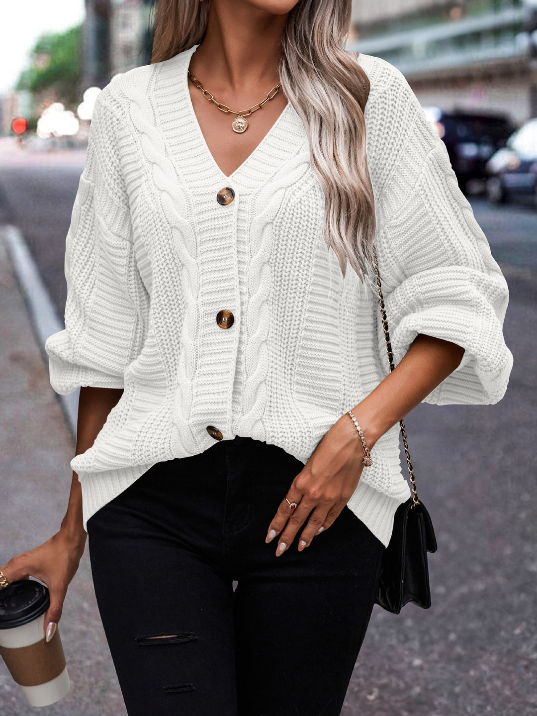 Cable knit patterned cardigan for women with button detail Lune London
