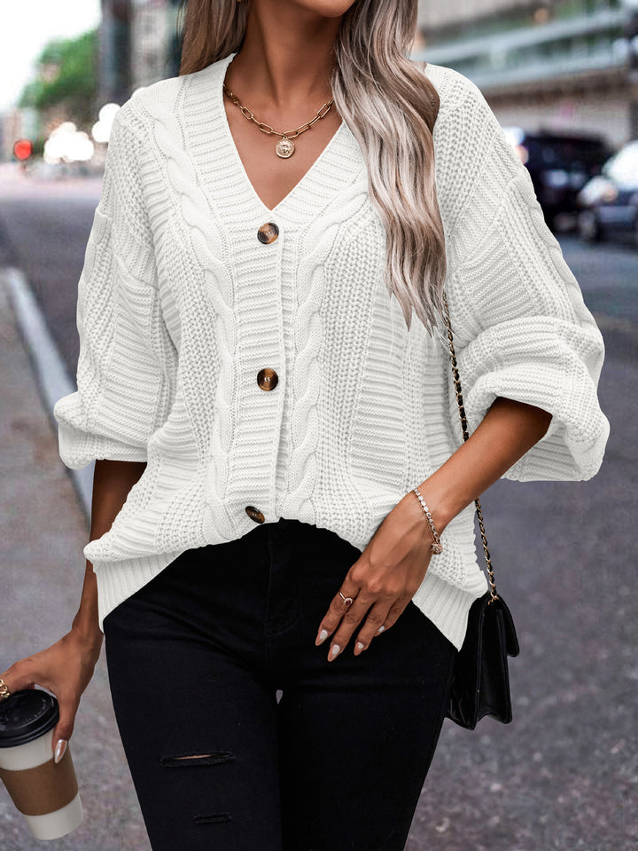 Cable knit patterned cardigan for women with button detail Lune London