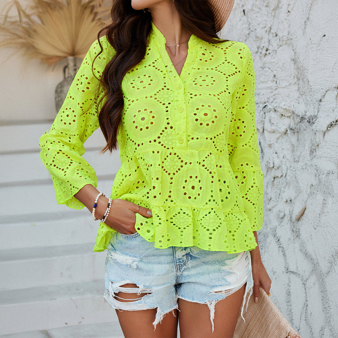 Lace blouse for women with ruffle trim and button placket Lune London