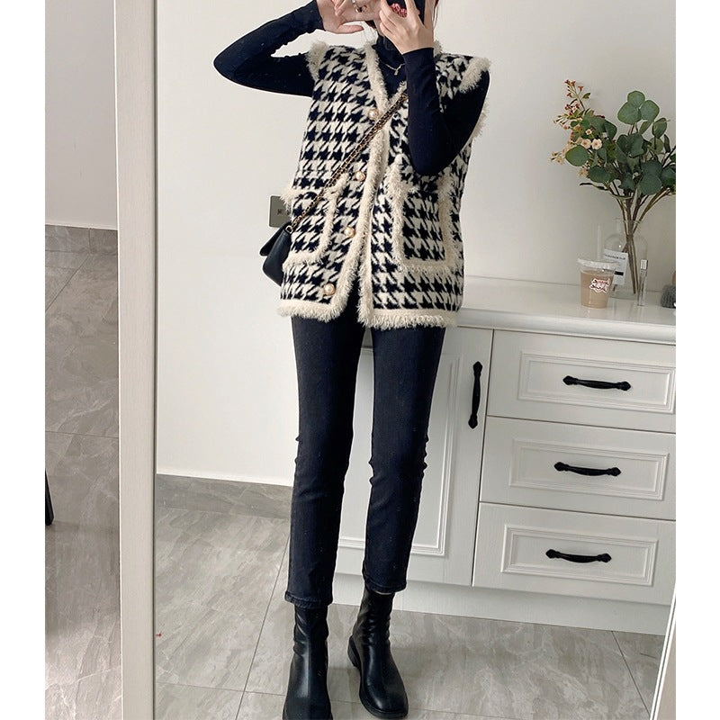 Gilet en tricot décontracté pour femmes avec motif à carreaux et boutons élégants Chic & Stil