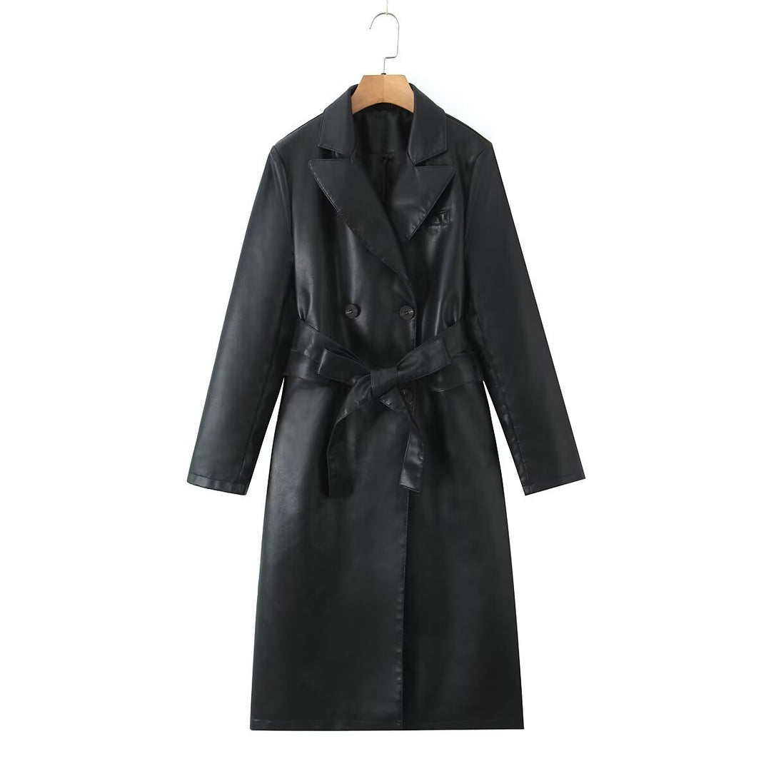 Women's faux leather trench coat with belted waist and double-breasted buttons Lune London