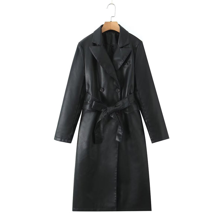Women's faux leather trench coat with belted waist and double-breasted buttons Lune London