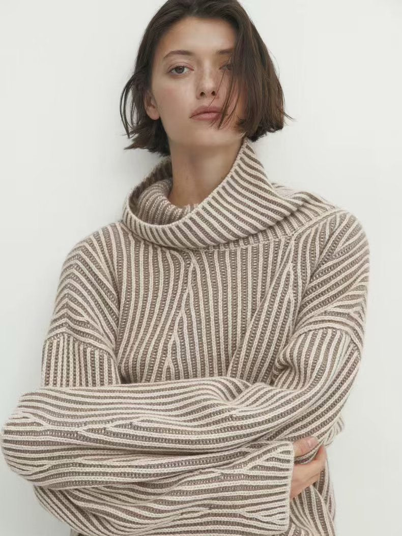 Comfortable knit sweater for women with high collar and modern stripes Lune London