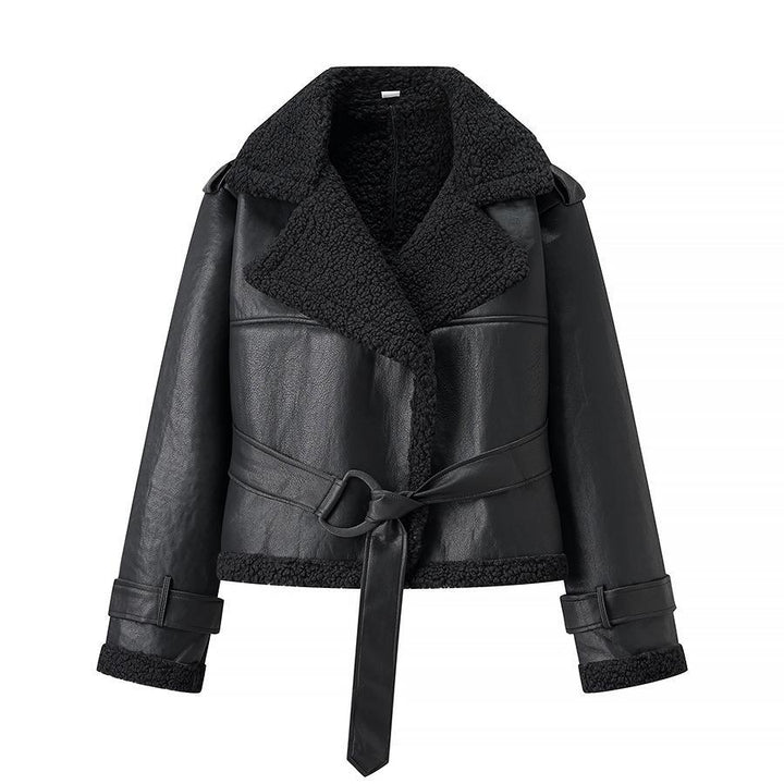 Faux leather jacket for women with teddy lining and adjustable belt Lune London