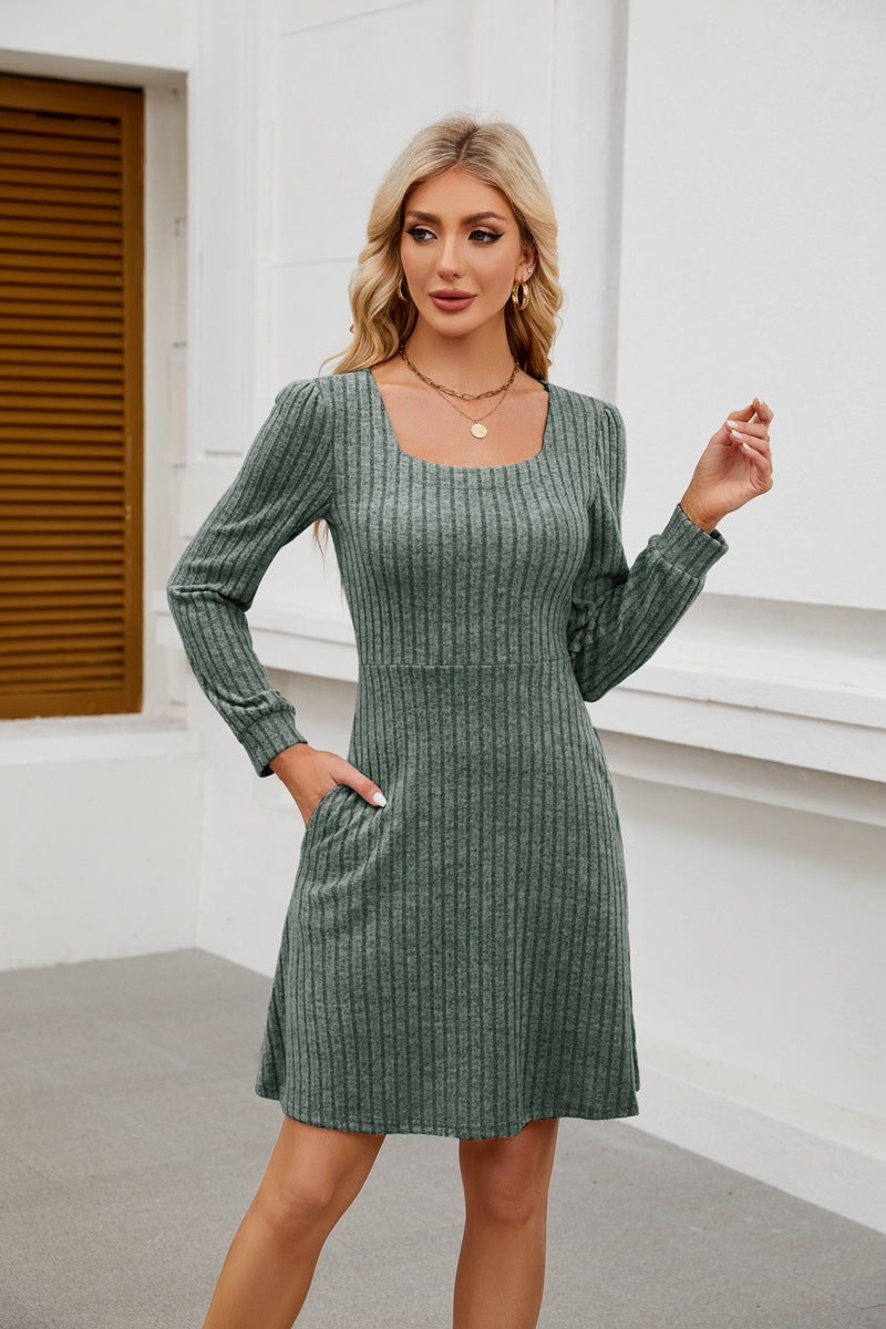 Knitted dress for women with square neckline and pockets Lune London