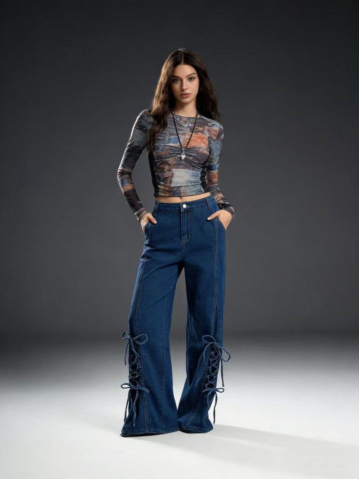 Women's flared jeans with trendy lacing detail and wide leg Lune London