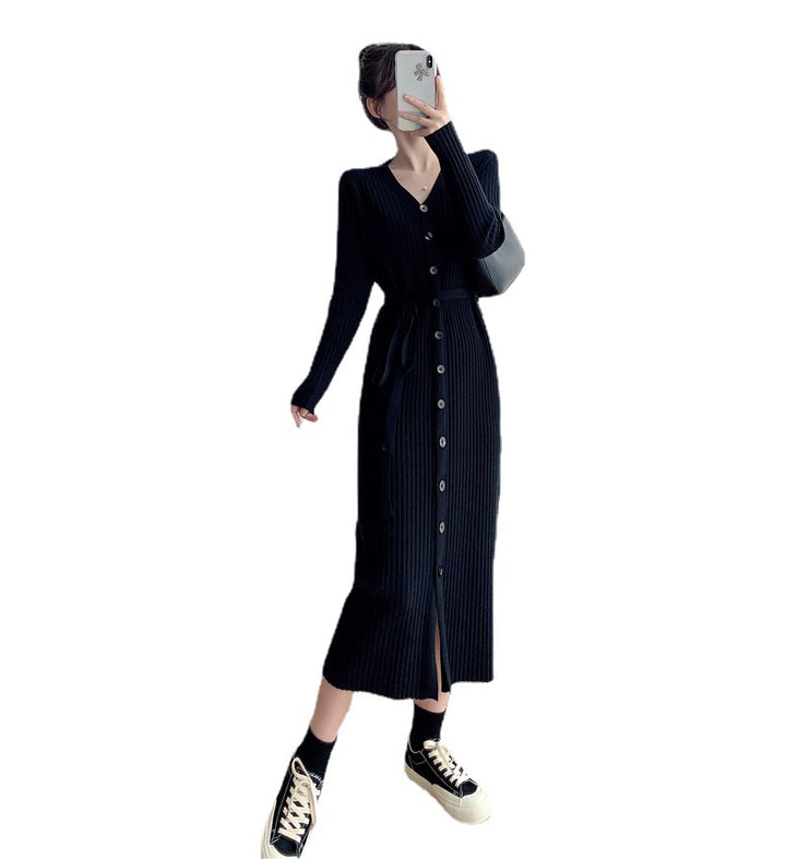 Elegant cardigan dress for women with button and structured fabric belt Lune London