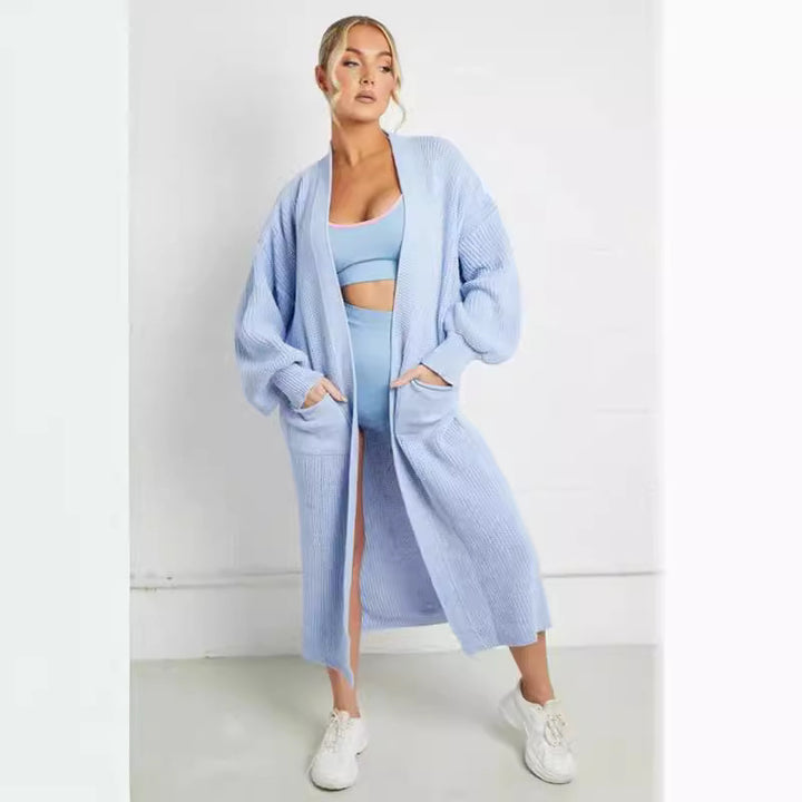 Ladies long cardigan with a chunky knit structure and practical pockets Lune London