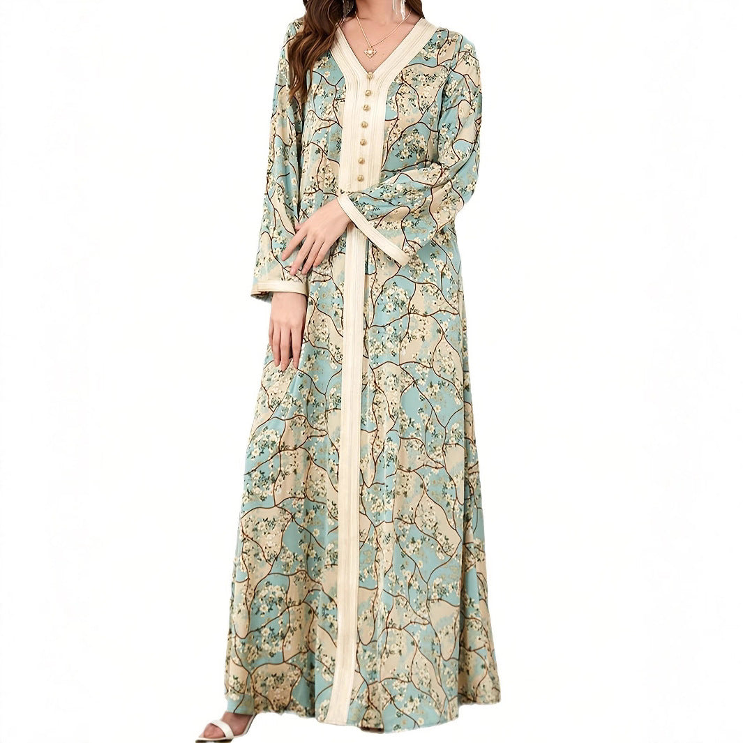 Maxi dress for women with artistic floral pattern and button details Lune London
