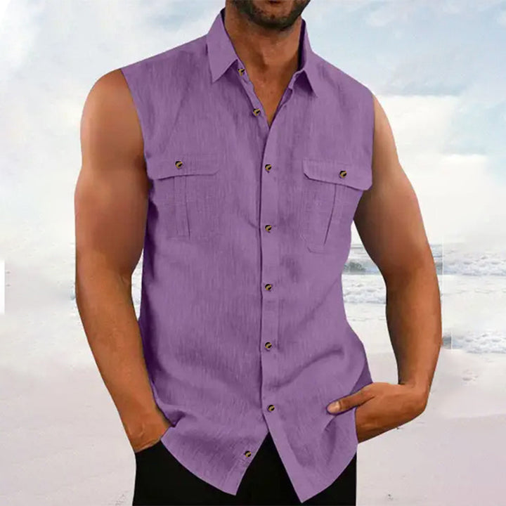 Sleeveless chambray shirt for men with chest pockets and button details Lune London