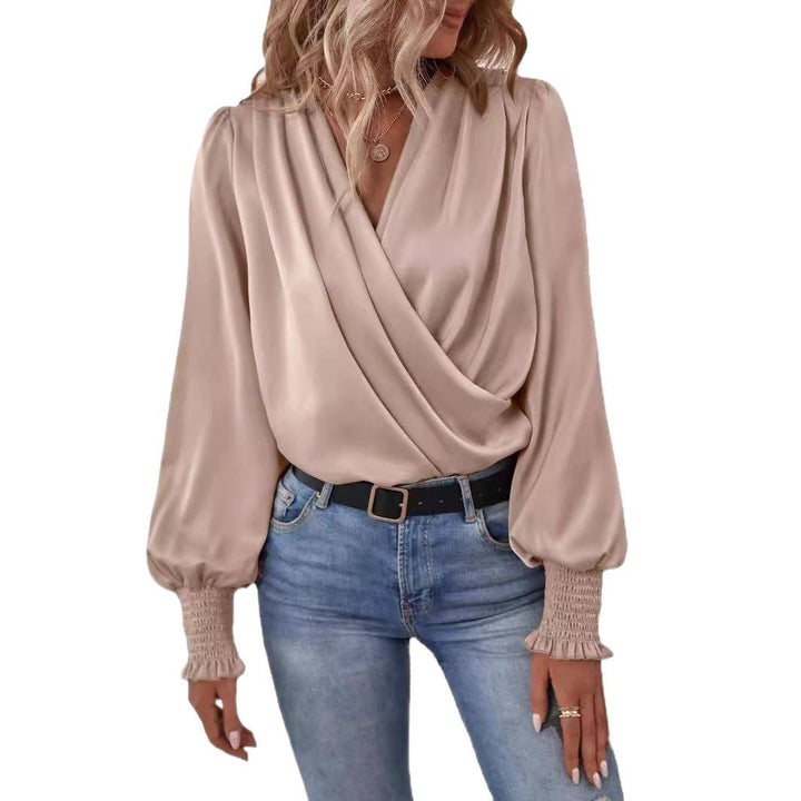 Elegant woman blouse with draped design and narrow sleeves Lune London