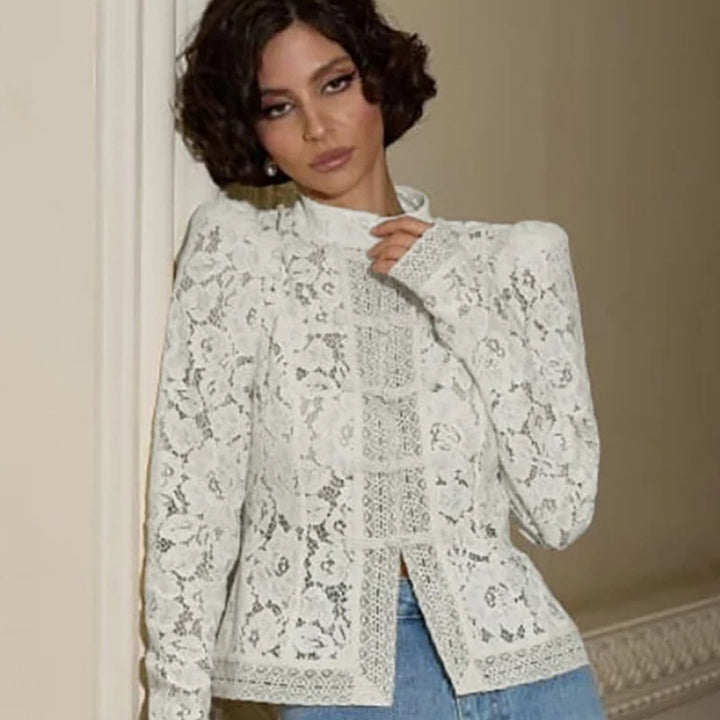 Lace blouse for women with fine gathered details and transparent sleeves Lune London