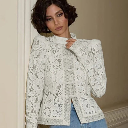 Lace blouse for women with fine gathered details and transparent sleeves Lune London