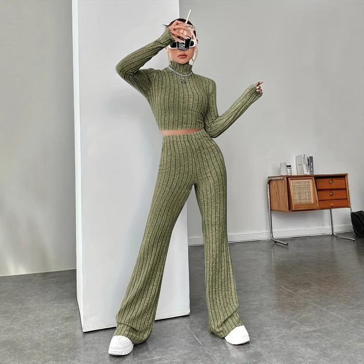 Women Stylish Ribbed Knit Set with 3/4 Sleeves and High Waist Lune London