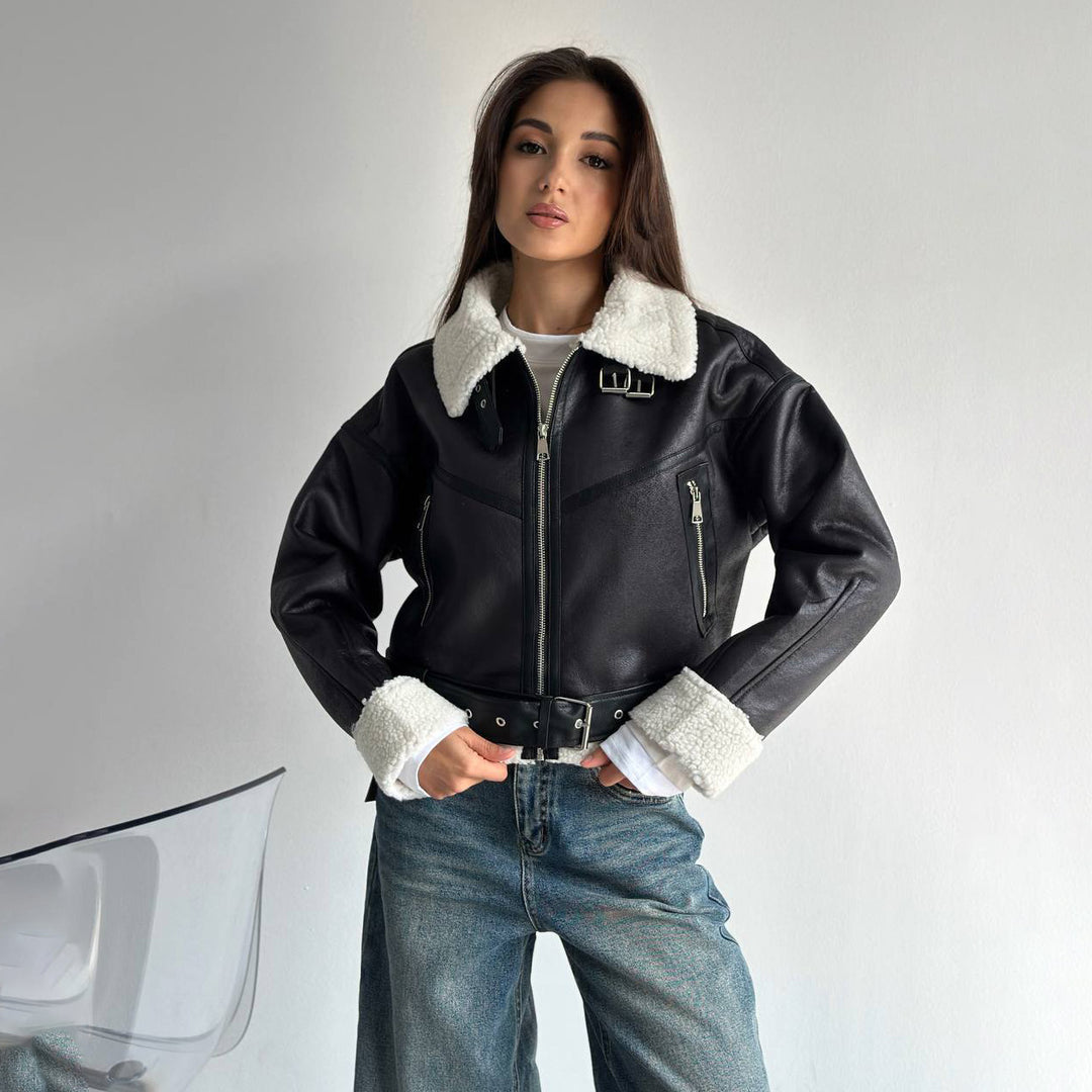Faux leather jacket for women with high-quality fleece lining and sculpting belt Lune London