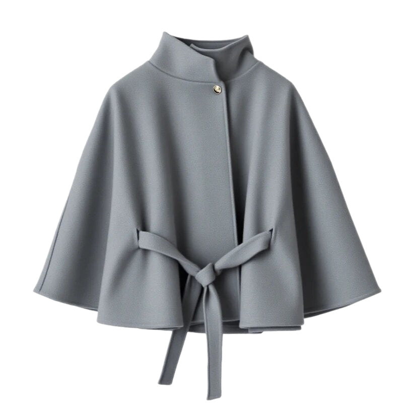 Elegant women's coat with hood, tie belt and high collar Lune London