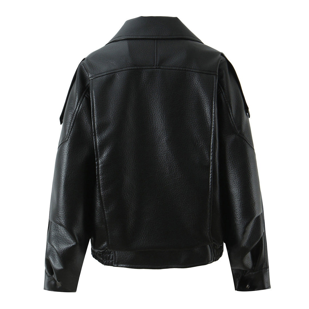 Casual faux leather biker jacket for women with practical pockets and elastic belt Lune London