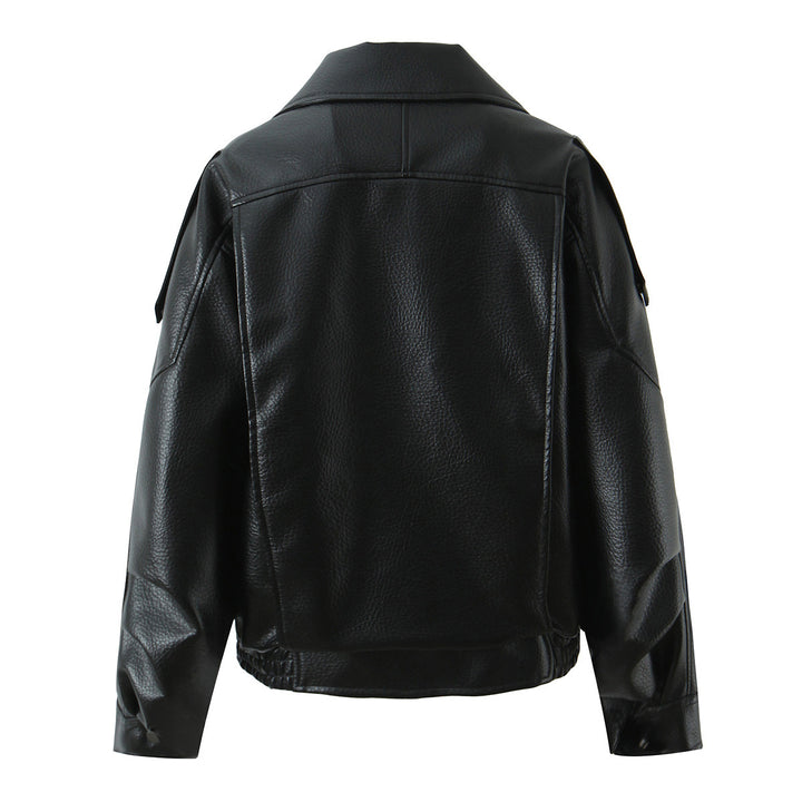 Casual faux leather biker jacket for women with practical pockets and elastic belt Lune London