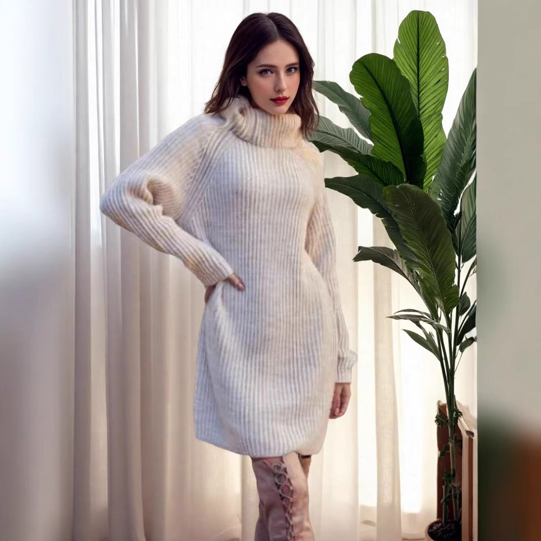 Knit dress for women with high collar and fine ribbed structure Lune London