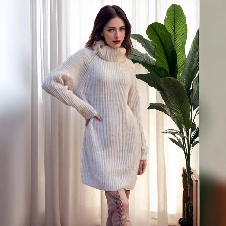Knit dress for women with high collar and fine ribbed structure Lune London